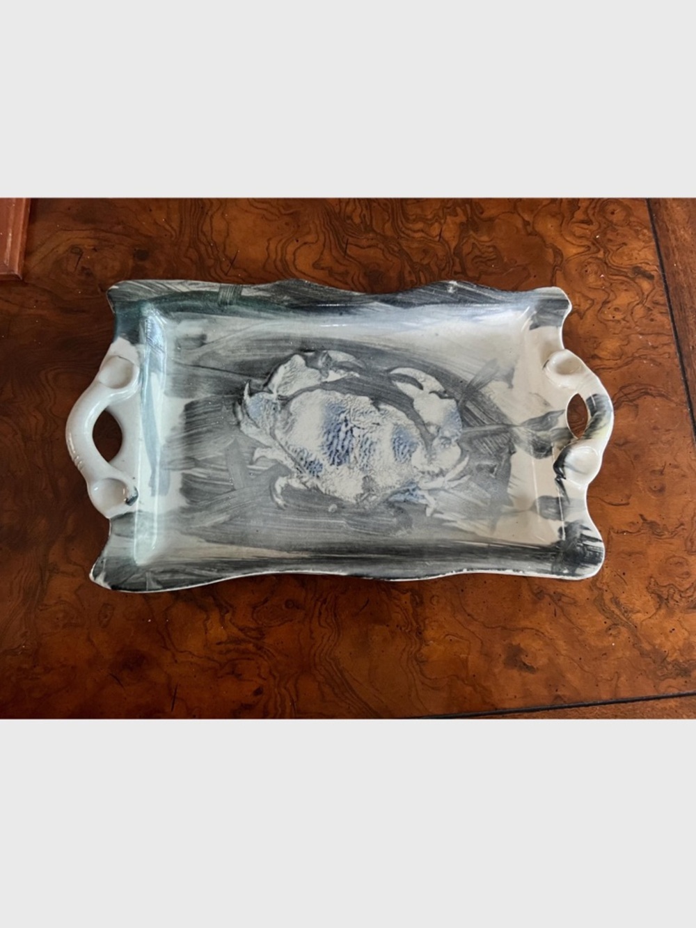 Hand-Painted Ceramic studio pottery crab Serving Tray in White and Charcoal